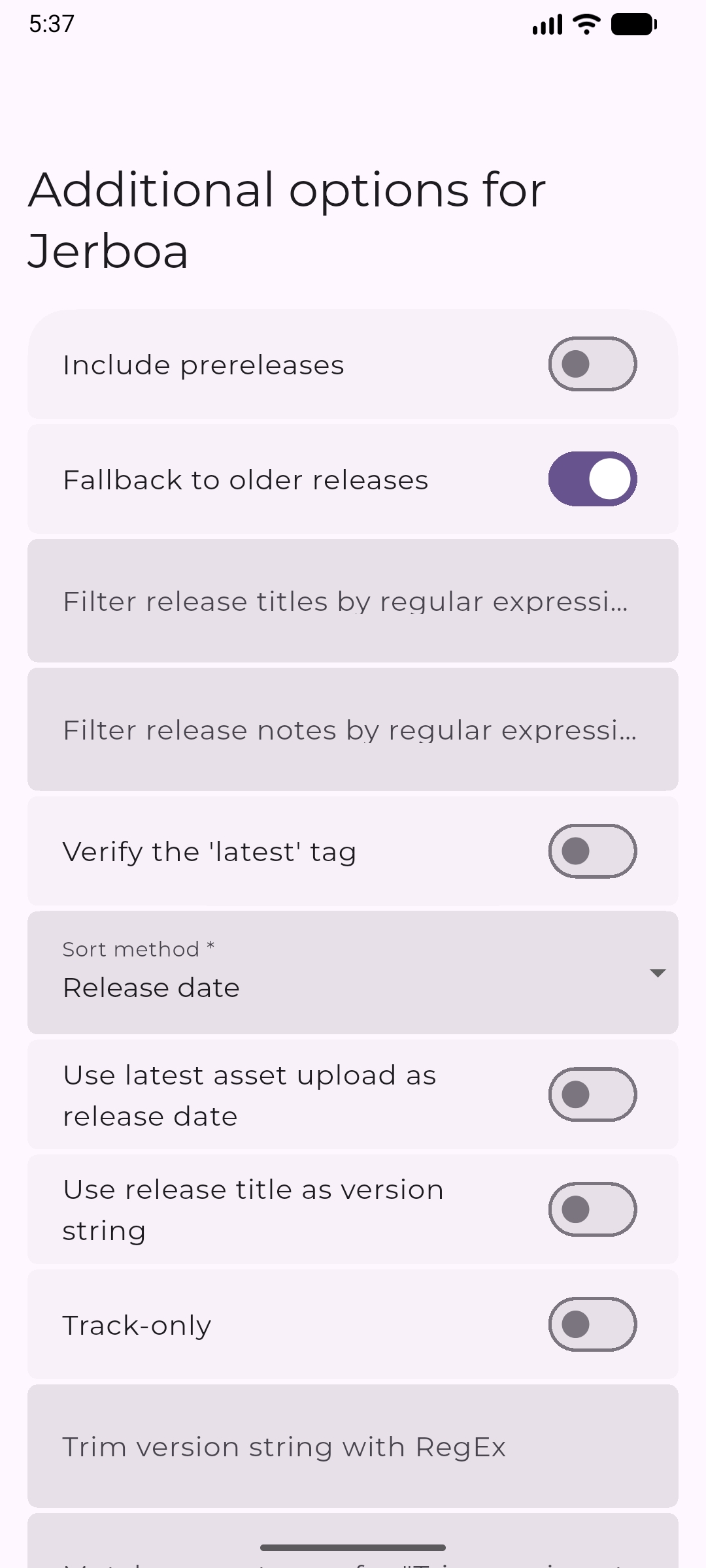 Obtainium 应用选项页截图